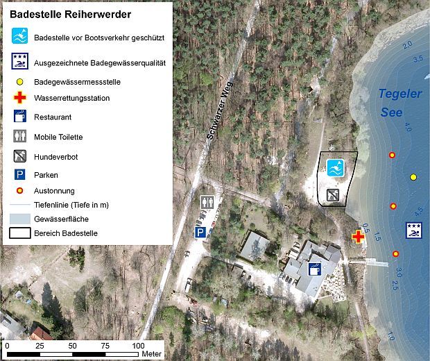 Abb. 2: Infrastruktur des EU-Badegewässers Tegeler See, Reiherwerder