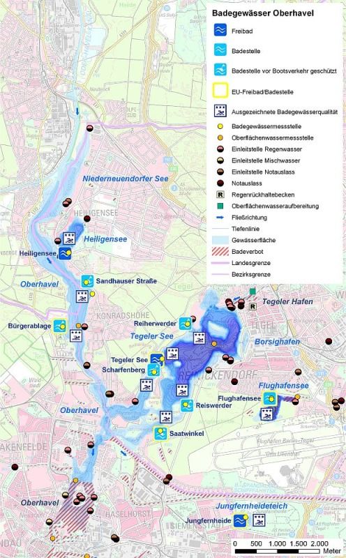 Abb. 1: Übersicht des Badegewässers Oberhavel mit EU-Badestelle, Probenahmestellen und Einleitstellen.