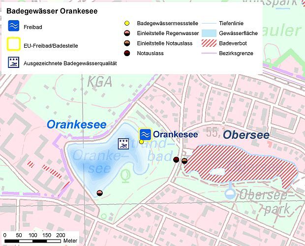Abb. 1: Übersicht des Badegewässers Orankesee mit EU-Badestelle, Probenahmestelle und Einleitstellen.