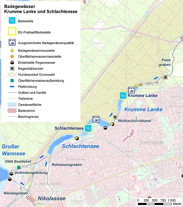 Abb. 1: Übersicht der Badegewässer Krumme Lanke und Schlachtensee mit Probenahmestelle.