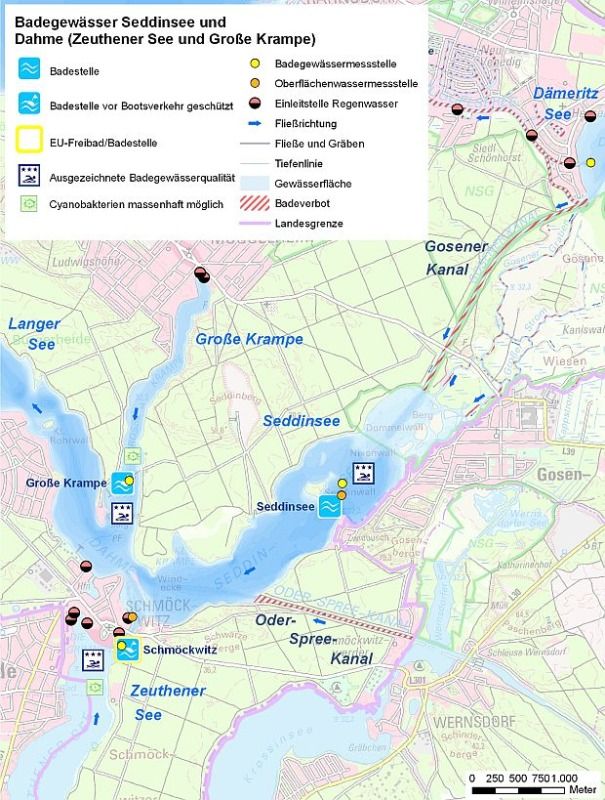 Abb. 1:Übersicht des Badegewässers Dahme mit Badestellen, Probenahmestellen und Einleitstellen.