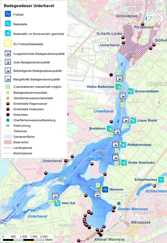 Abb. 1: Übersicht des Badegewässers Unterhavel mit EU-Badestellen, Probenahmestellen und Einleitstellen. (Hinweis: Für die Badestellen Grunewaldturm und Breitehorn enthalten die Abb.1 und 2 noch die Symbole für die EU-Einstufung aus dem vorletzten Jahr, richtig ist für den „Grunewaldturm“ das Symbol „mangelhafte“ Badegewässerqualität und für „Breitehorn“ „ausreichend“)!