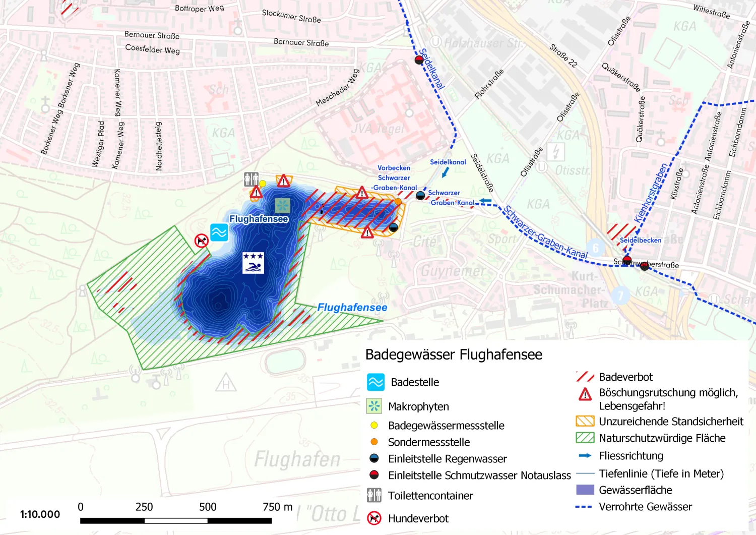 Abb. 1: Übersicht des EU-Badegewässers Flughafensee mit Probenentnahmestellen, Einleitstellen und mit Bereichen unzureichender Standsicherheit der Böschungen (Badeverbot)