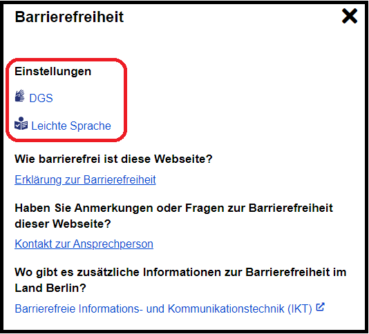 Links zur Leichten Sprache im Barriere-Freiheits-Menü
