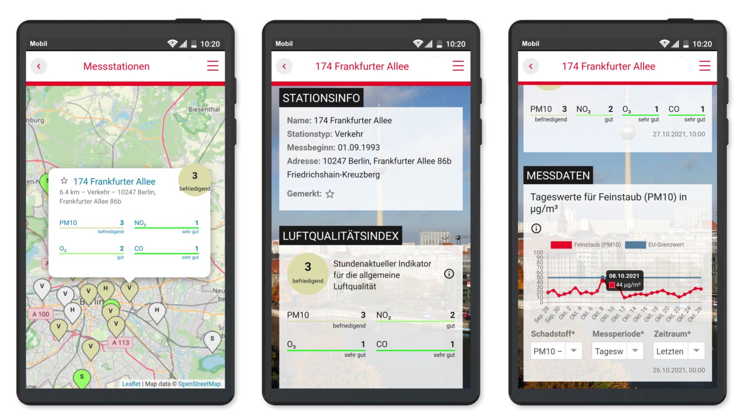 Beispielhafte Ansichten der App „Berlin Luft"
