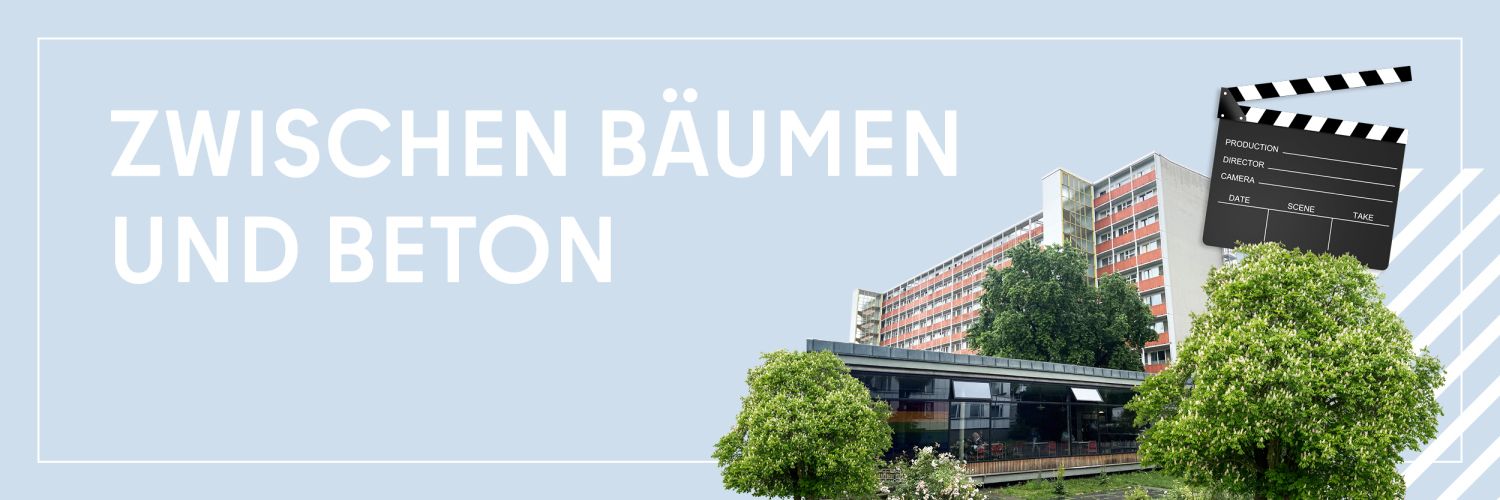 Headerbild des Mittendrin Projekts Foyer (Mitte) Zwischen Bäumen und Beton mit Filmklappe, Gebäuden und Bäumen