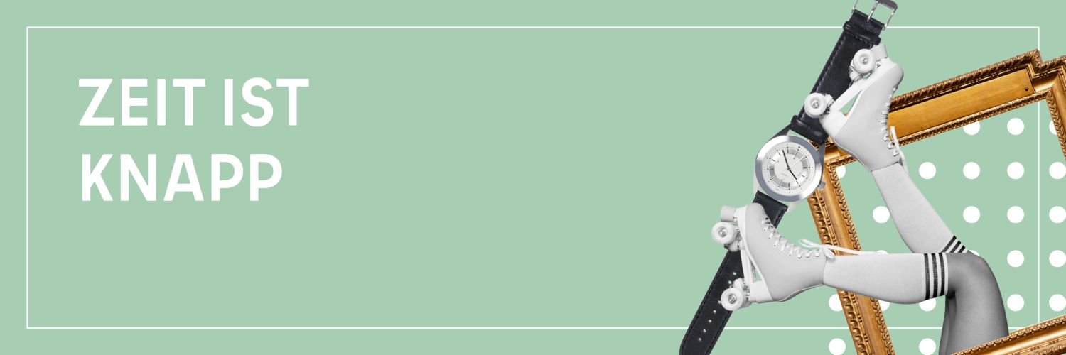Headerbild des Mittendrin Projekts ZIK GmbH Zeit ist knapp mit Bilderrahmen, Rollschuhen und Uhr