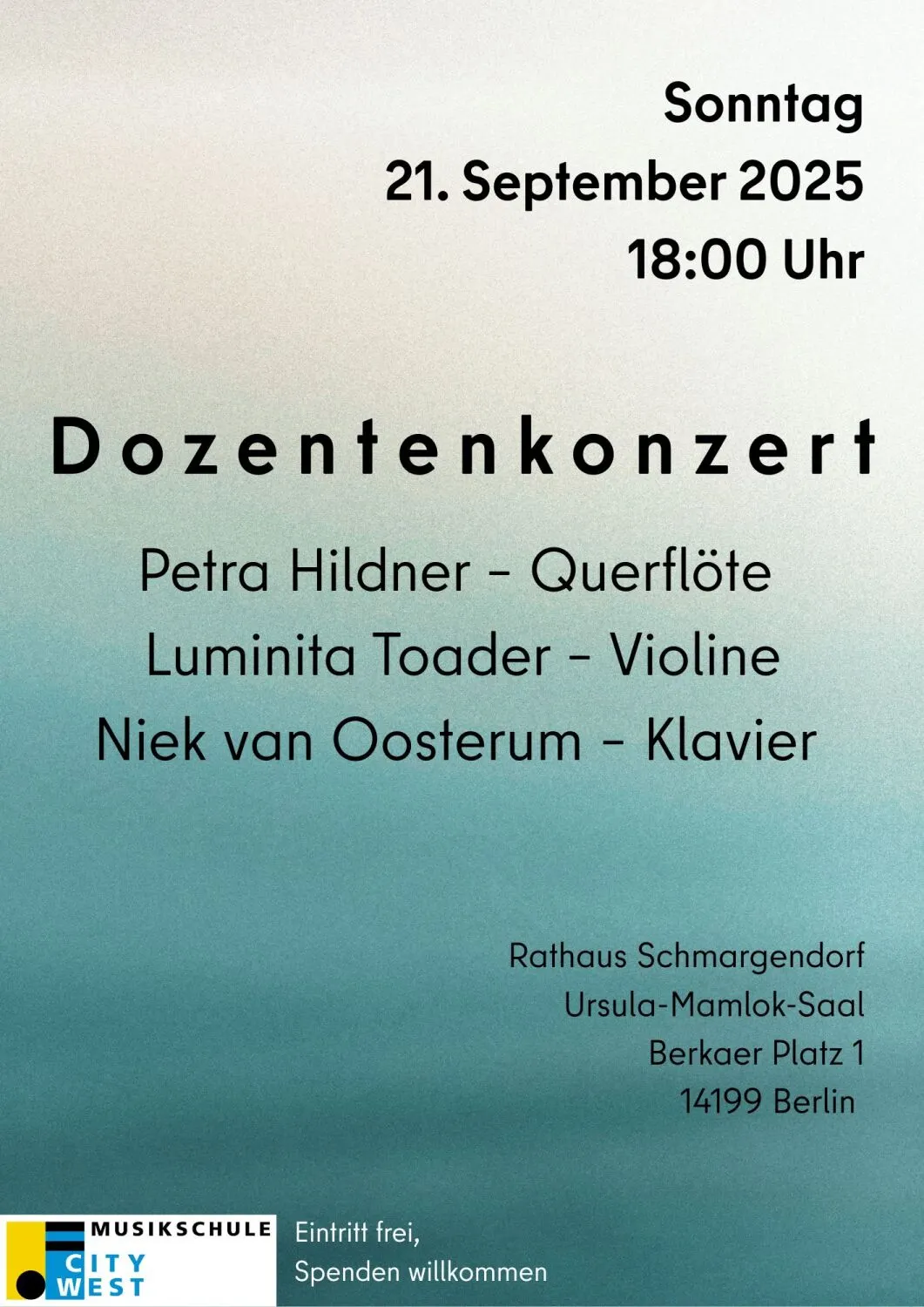 Petra Hildner – Querflöte Luminita Toader – Violine Niek van Oosterum – Klavier