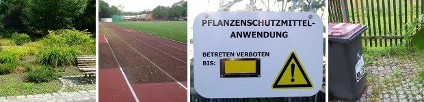 v.l.n.r.: Öffentliche Grünanlage, Pflege von Sportanlagen, Warnschild beim Einsatz von Pflanzenschutzmitteln, Unkraut zwischen Pflastersteinen