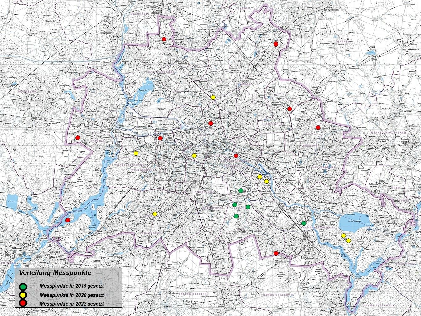 Abb. 4: Verteilung der Messpunkte im Stadtgebiet (Bild: Pflanzenschutzamt Berlin, Karte: Geoportal Berlin)