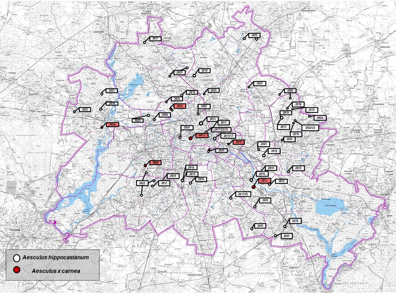 Mit Pseudomonas befallene Kastanien im Stadtgebiet Berlin, Stand: 31.12.2025 (Bild: Pflanzenschutzamt Berlin, Karte: Geoportal Berlin)