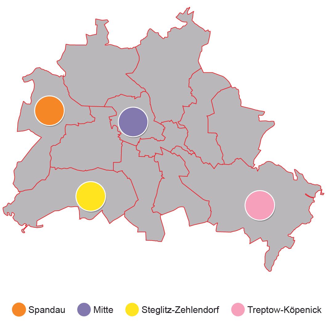 Die vier Pilotregionen von #PflegeDeineZukunft mit Spandau, Mitte, Steglitz-Zehlendorf, Treptow-Köpenick