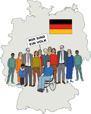 Gruppe von Menschen mit einem Schild "Wir sind ein Volk" vor einer Deutschlandkarte
