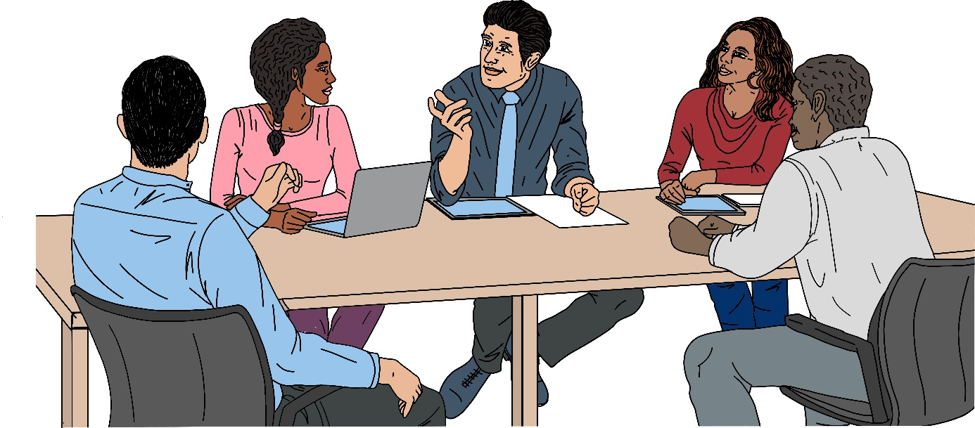 fünf Menschen sitzen an einem Tisch und haben eine Besprechung