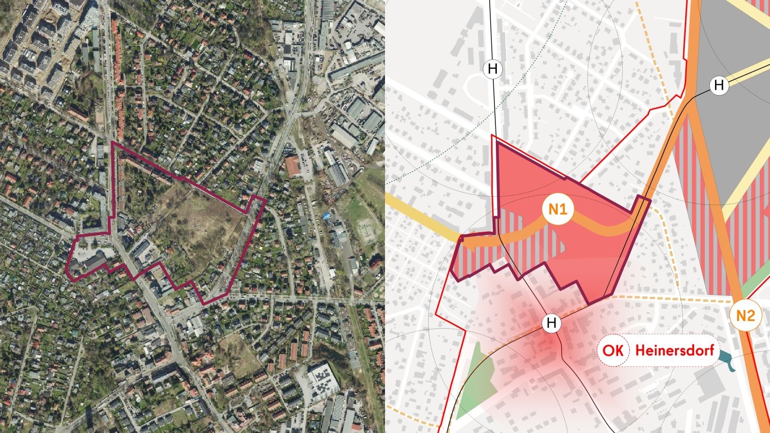 Farbliche Kennzeichnung des Umrisses der Teilfläche Alte Gärtnerei, jeweils einmal auf dem Luftbild sowie auf der Kartendarstellung des Struktur- und Nutzungskonzeptes für das neue Stadtquartier Blankenburger Süden.
