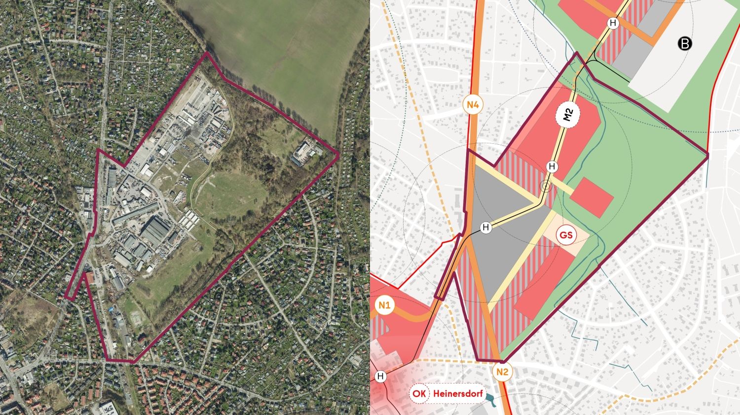 Farbliche Kennzeichnung des Umrisses der Teilfläche Süd, jeweils einmal auf dem Luftbild sowie auf der Kartendarstellung des Struktur- und Nutzungskonzeptes für das neue Stadtquartier Blankenburger Süden.