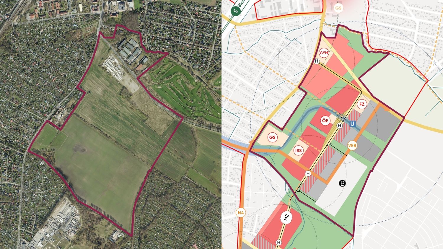 Farbliche Kennzeichnung des Umrisses der Teilfläche Nord, jeweils einmal auf dem Luftbild sowie auf der Kartendarstellung des Struktur- und Nutzungskonzeptes für das neue Stadtquartier Blankenburger Süden.