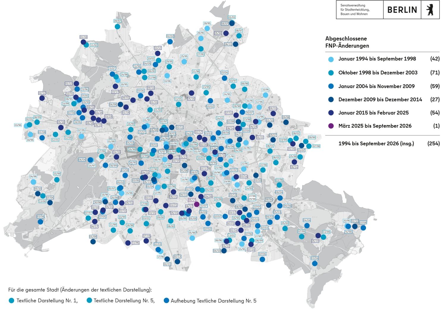 Übersichtskarte der wirksamen FNP-Änderungen 1994-2026