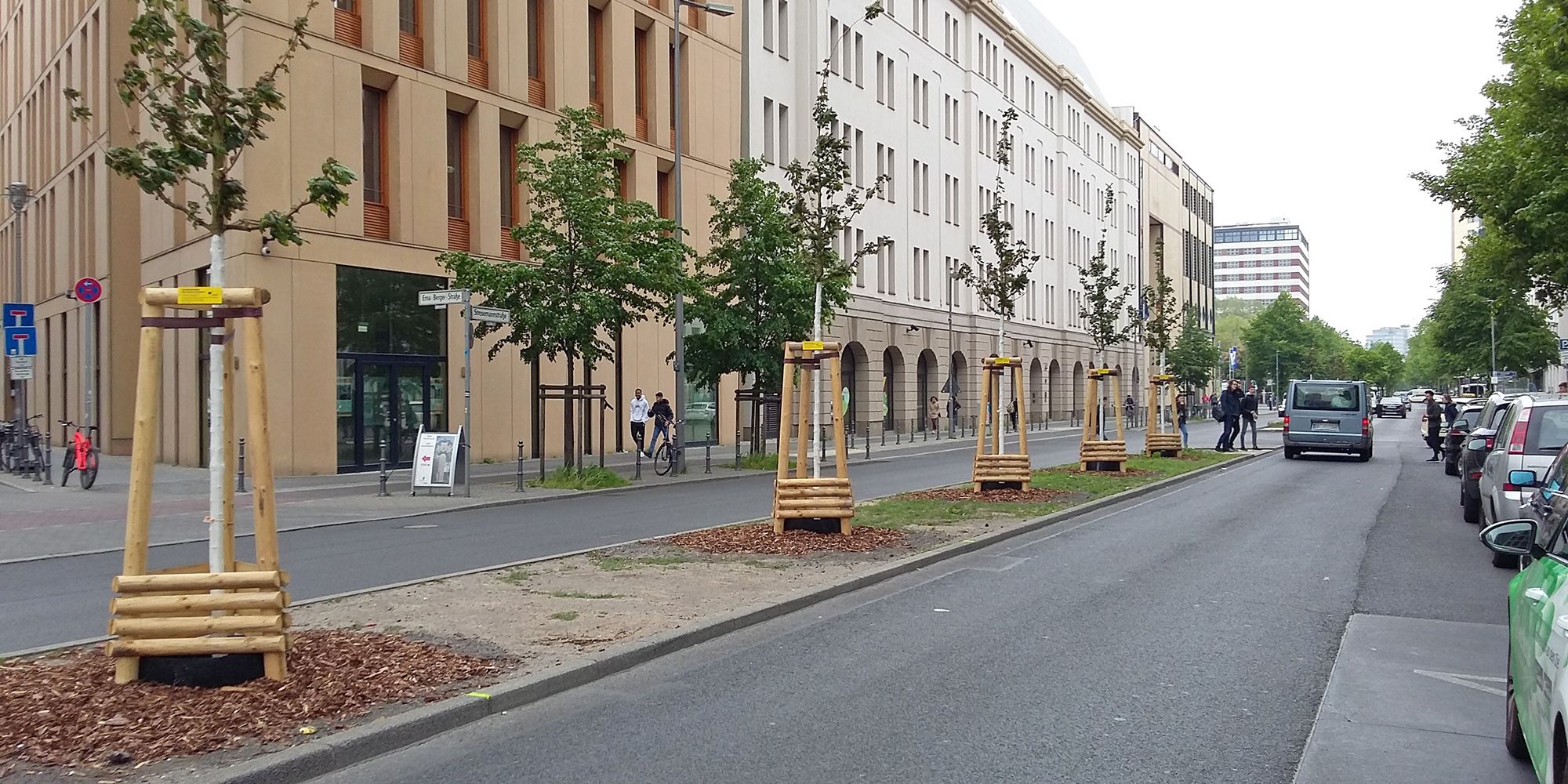 Ein Blick die Stresemannstraße mit Neu- und Altbauten entlang. Der linke Straßenrand sowie der Mittelstreifen sind mit Bäumen bepflanzt. Auf dem Mittelstreifen stehen fünf junge Bäume, die mit einem Gurt an hölzerne Dreiböcke verankert sind. Die Stämme sind mit weißem Schutzanstrich gegen Hitze, Frost und Schädlinge versehen, der Boden ist gemulcht. Zwischen den Bäumchen wächst spärliches Gras.
