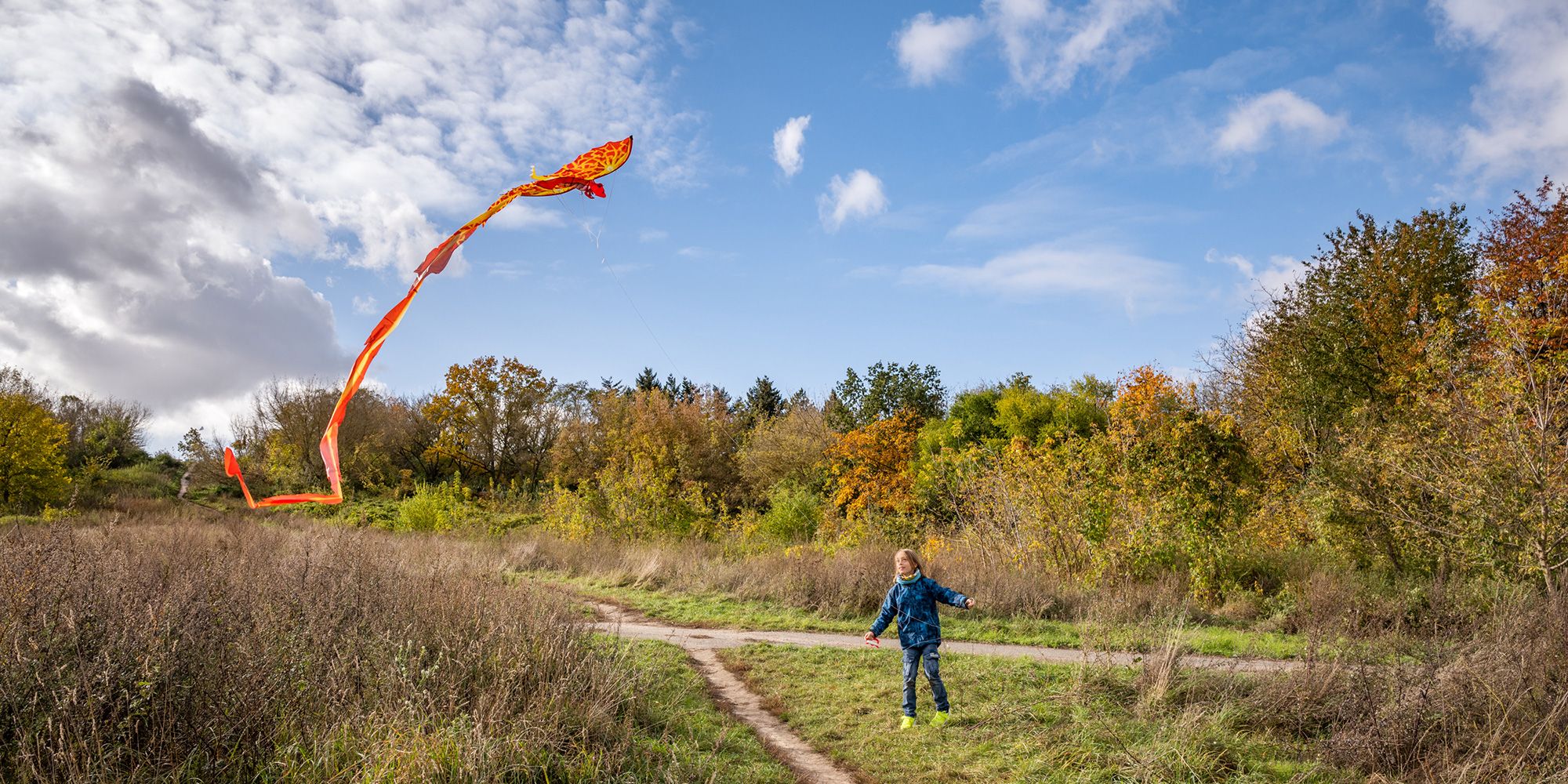 Eine herbstliche Landschaft. Am blauen Himmel stehen wenige Wolken. Zwischen Hecken, Büschen und Bäumen mit bunten Blättern kreuzen sich zwei schmale Pfade. Auf einem kleinen Wiesenabschnitt lässt ein etwa 8-jähriges Mädchen einen rot-gelben Winddrachen mit langem Schwanz steigen. Das Mädchen trägt eine blaue Jacke, Jeans und neongelbe Sneaker.