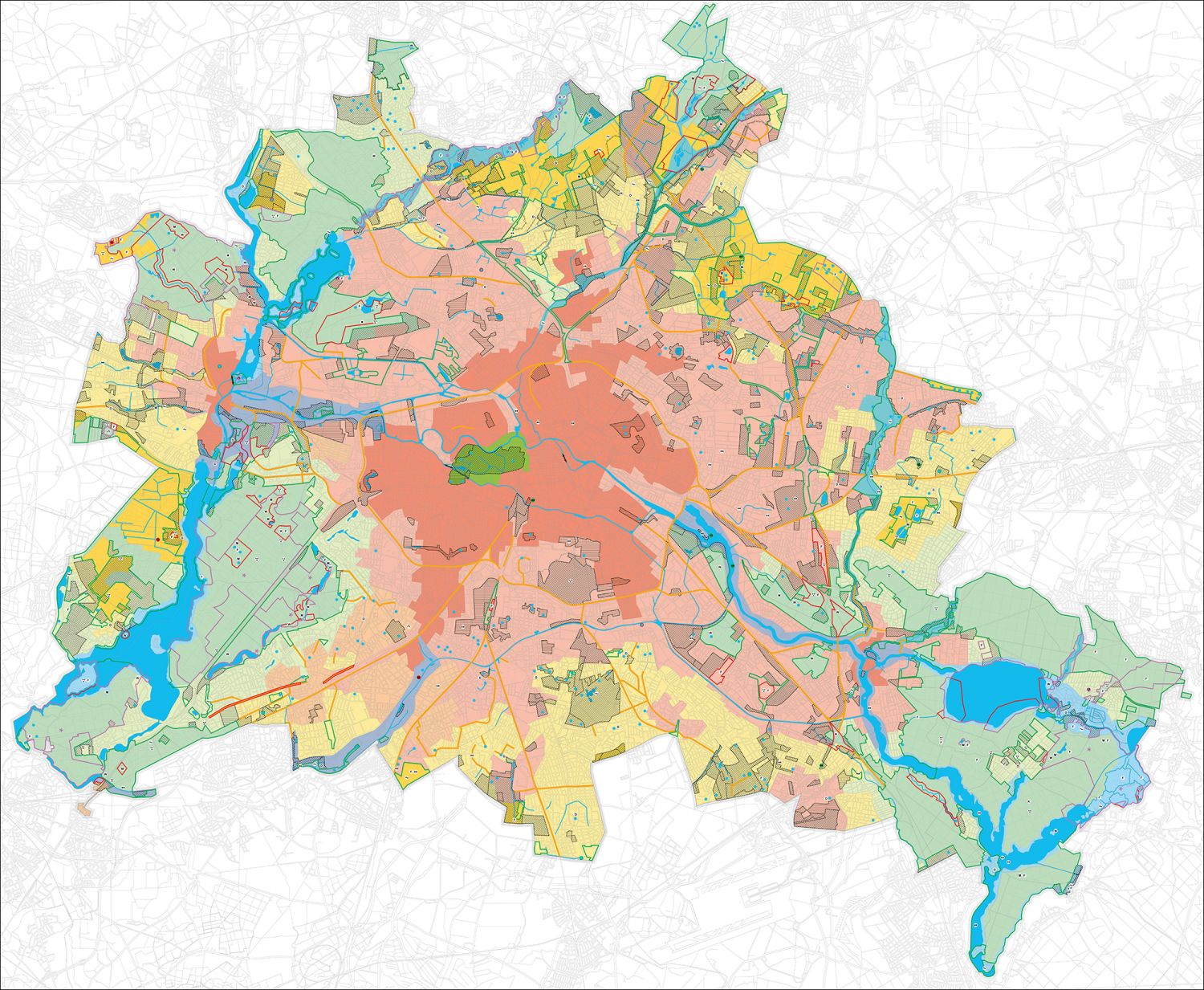 Programmplan Biotop- und Artenschutz, Kartendarstellung von Berlin mit unterschiedlich farbigen Flächen.