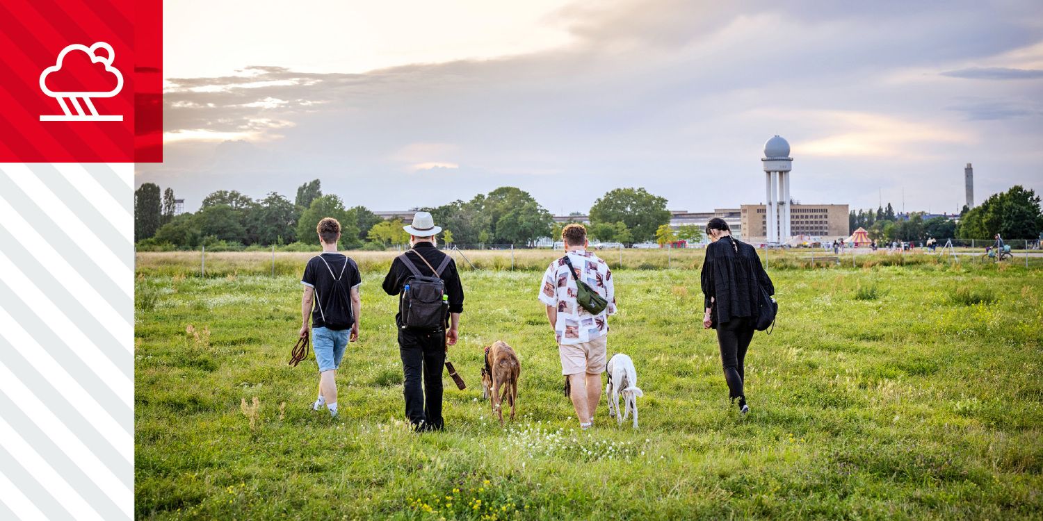 Vier Menschen mit zwei Hunden gehen über eine Wiese des Tempelhofer Felds, im Hintergrund der Radarturm und Bäume.