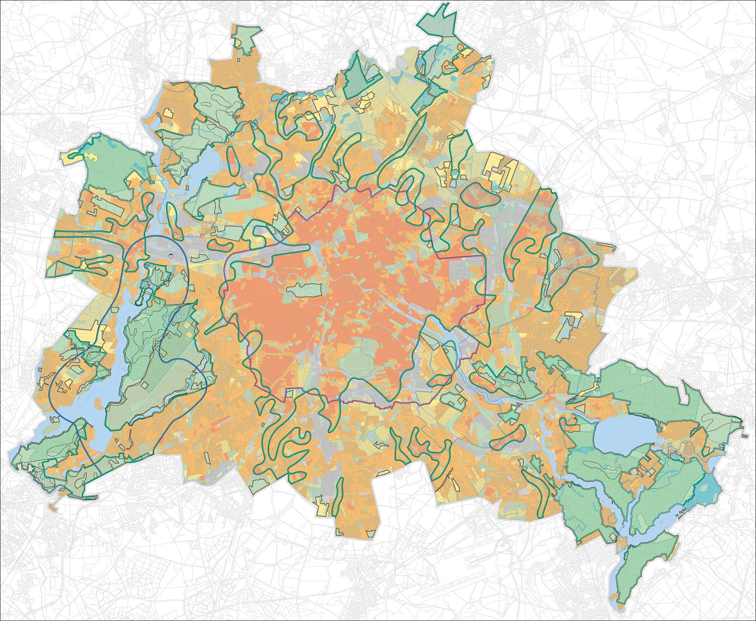Programmplan Naturhaushalt und Umweltschutz, Kartendarstellung von Berlin mit unterschiedlich farbigen Flächen in grün, lila, blau und braun.