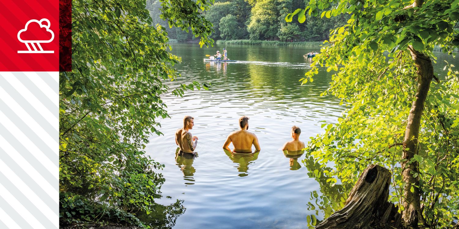 Drei Menschen stehen im Wasser eines von Bäumen umgebenen Sees.