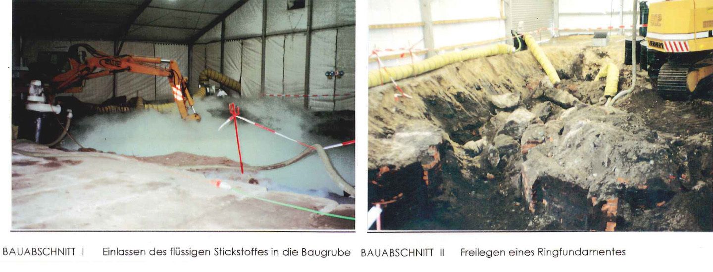 Einlassen von flüssigem Stickstoff in die Baugrube / Freilegung eines Ringfundaments während der Bodensanierung 1994-1996 (Bild: Manfred Woltmann, Senatsverwaltung für Stadtentwicklung, Umweltschutz und Technologie )
