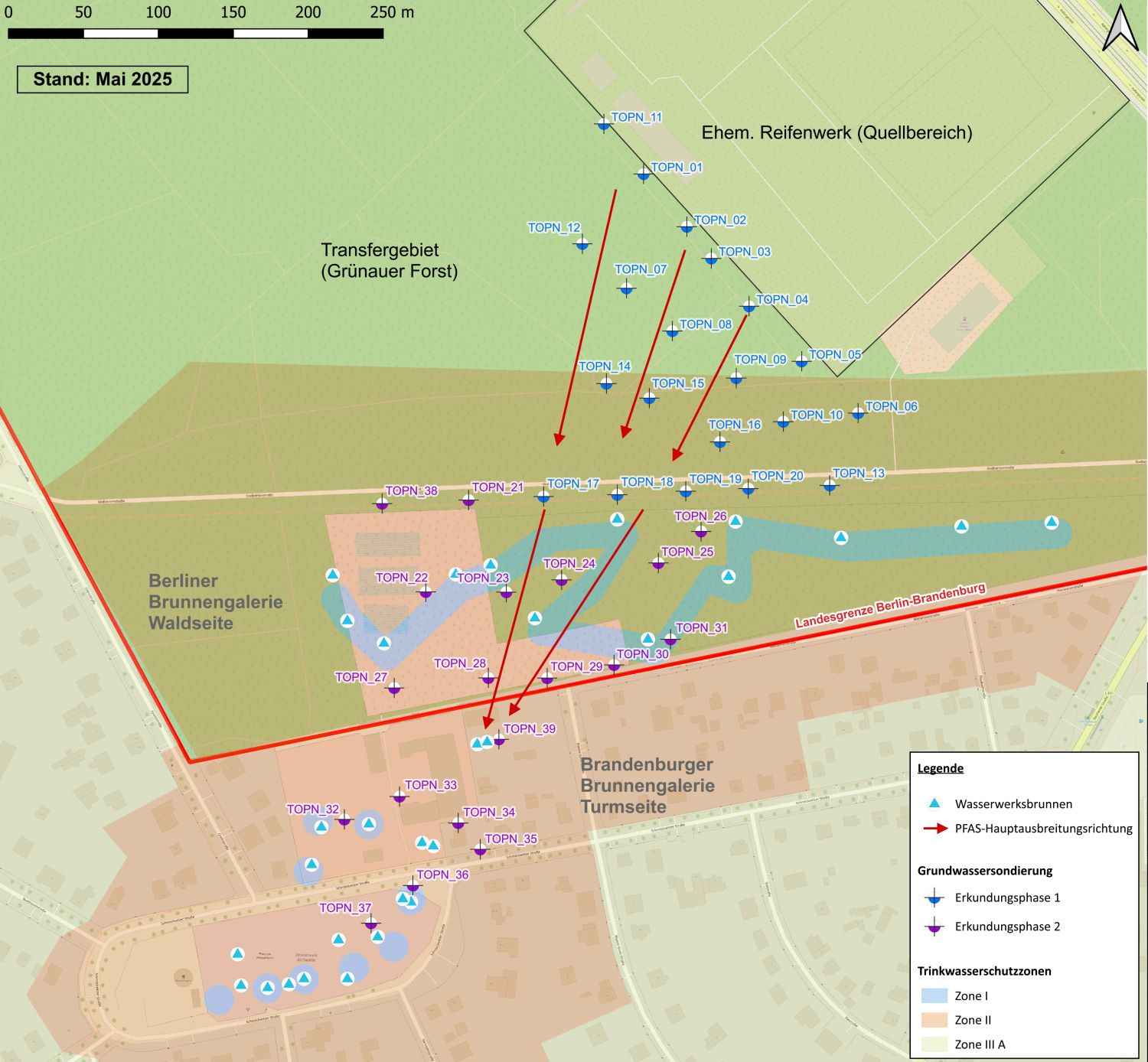 Lageplan In-Situ Grundwassererkundungen 2024 und 2025 (Bild: Tauw GmbH, Karte: OpenStreetMap)