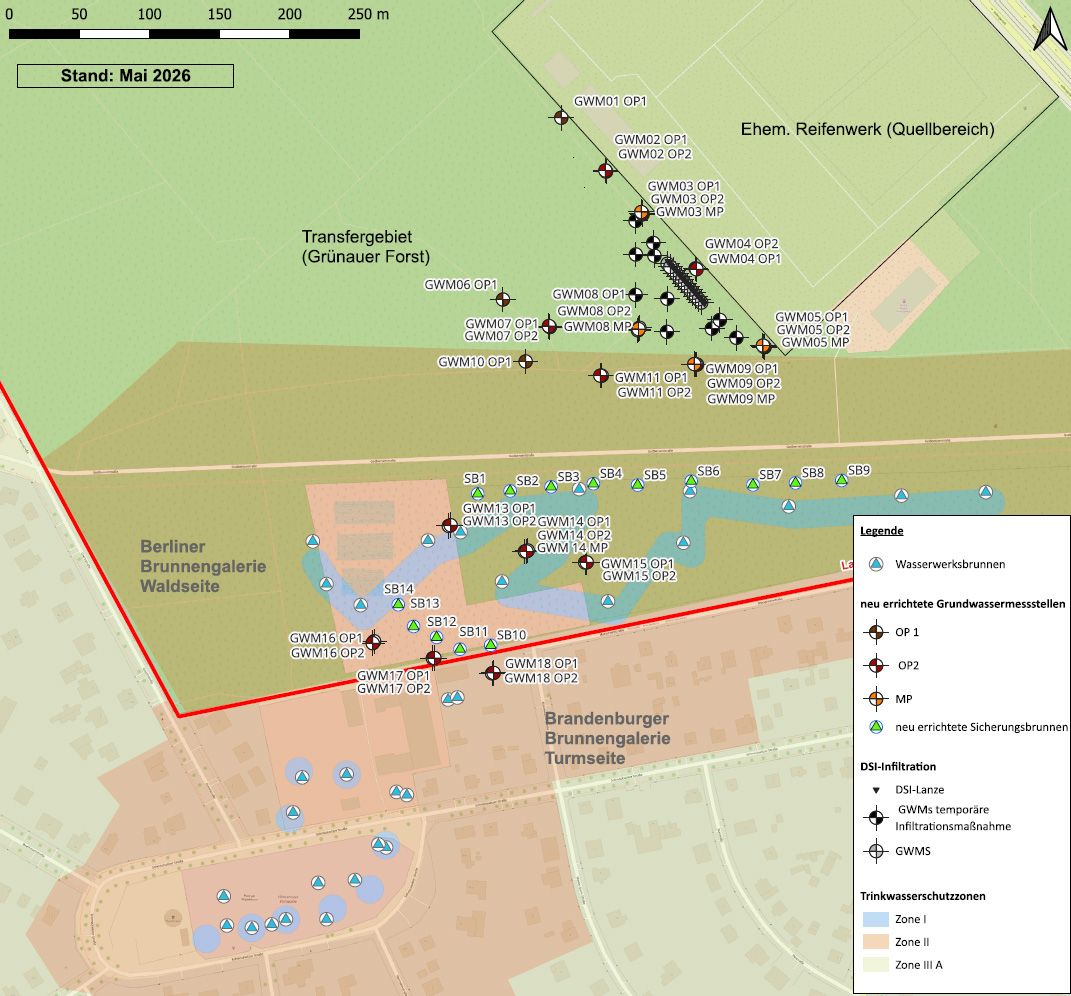 Lageplan Sicherungsbrunnen, Grundwassermessstellennetz und DSI-Lanzen (Bild: Tauw GmbH, Karte: OpenStreetMap)