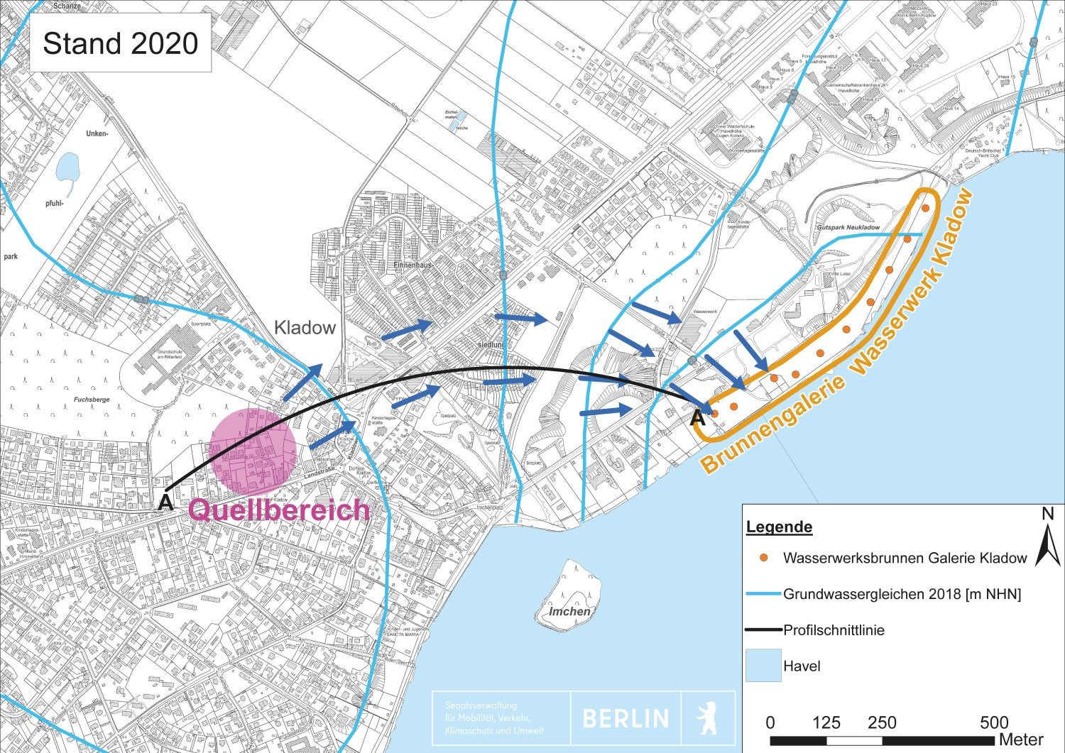 Stand 2020 - Schematisierter Lageplan Projektgebiet Kladow mit Darstellung der LCKW-Verlagerung (Bild: SenMVKU)