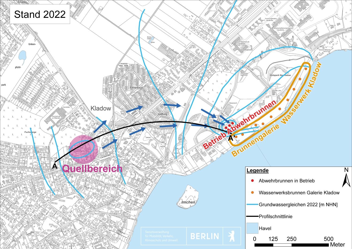 Stand 2022 - Schematisierter Lageplan Projektgebiet Kladow mit Darstellung der LCKW-Verlagerung (Bild: SenMVKU)
