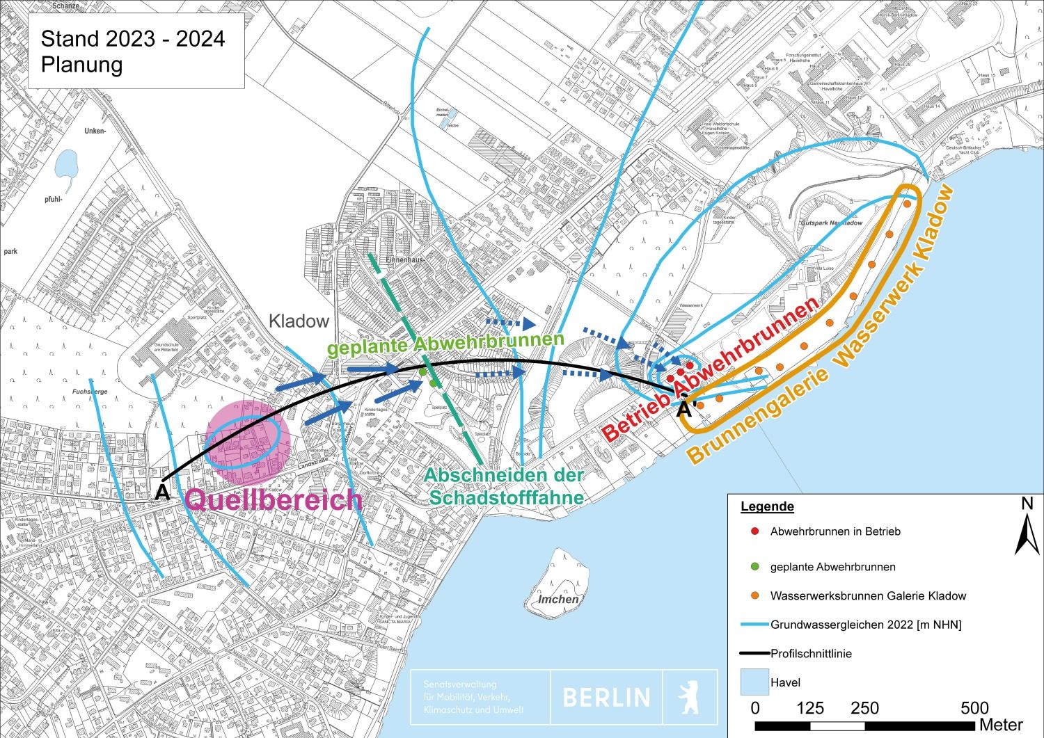 Planungsstand 2023 - 2024 Schematisierter Lageplan Projektgebiet Kladow mit Darstellung der LCKW-Verlagerung (Bild: SenMVKU)
