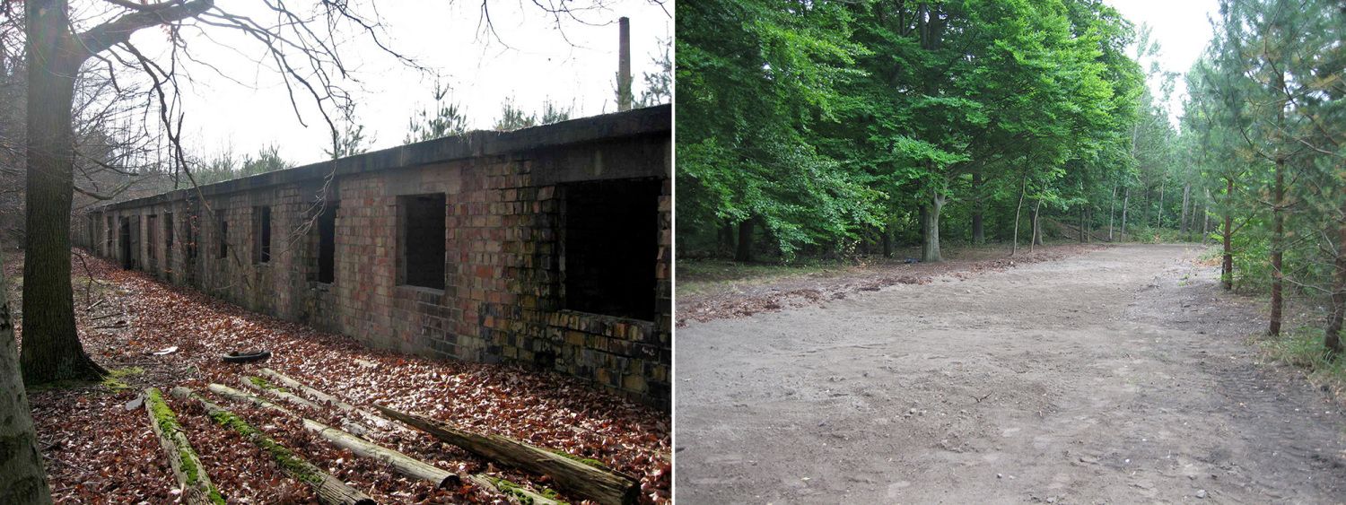 Gebäude vor der Entsiegelung (links), Weg umrandet von Bäumen nach der Entsiegelung (rechts)