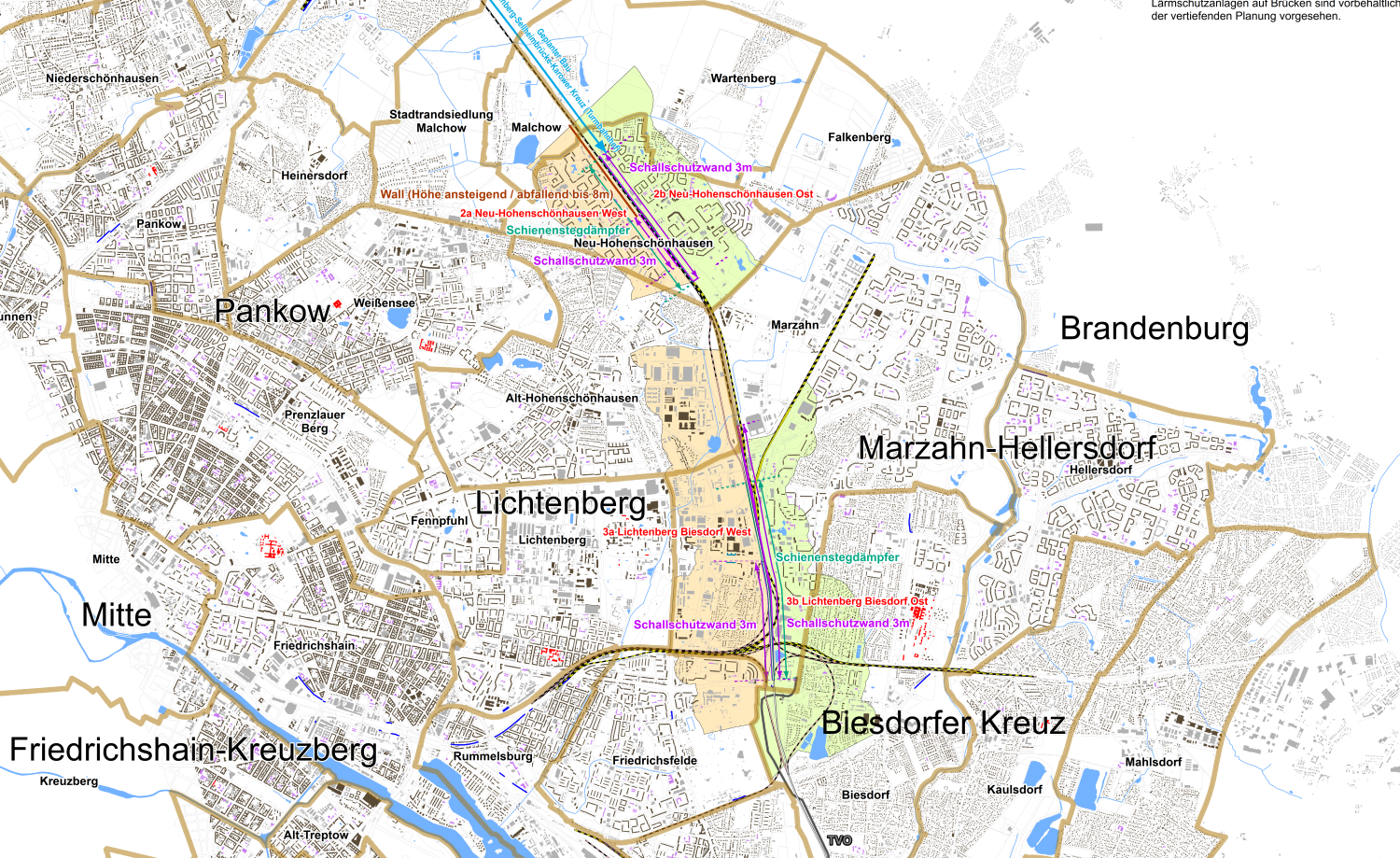 2 – Ausschnitt aus der Darstellung der Vorzugsvariante der Lärmminderungsmaßnahmen in Neu-Hohenschönhausen, Alt-Hohenschönhausen, Marzahn und Biesdorf (Bild: Lärmkontor GmbH, Hintergrundkarte: Geoportal Berlin)