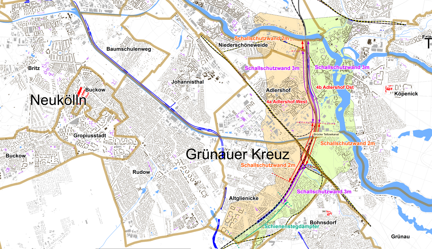 3 – Ausschnitt aus der Darstellung der Vorzugsvariante der Lärmminderungsmaßnahmen in Niederschöneweide, Adlershof, Köpenick, Grünau und Altglienicke (Bild: Lärmkontor GmbH, Hintergrundkarte: Geoportal Berlin)