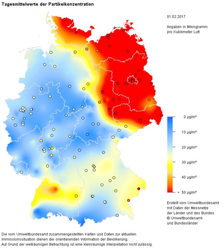 Verteilung der PM10-Belastung in Deutschland (Bild: mweltbundesamt, FG II 4.2)
