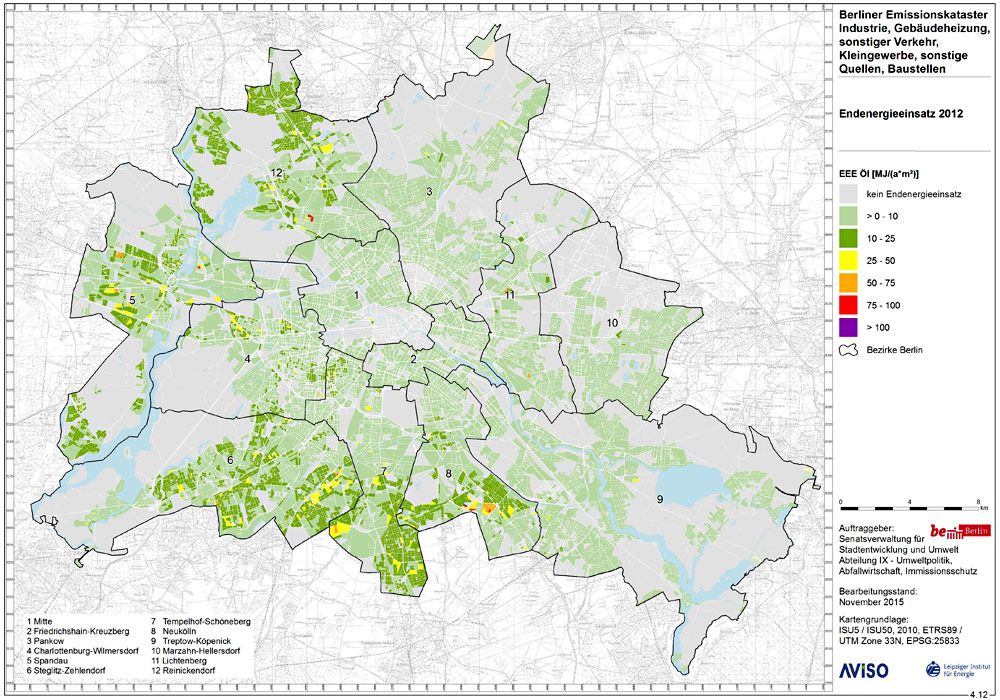 Räumliche Verteilung des Endenergieeinsatzes aus Heizöl EL in MJ/(Jahr*m²) in Kleinfeuerungsanlagen