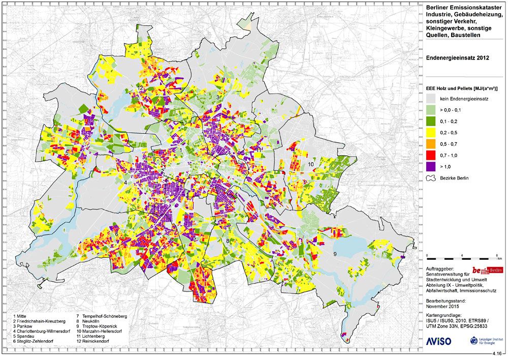 Räumliche Verteilung des Endenergieeinsatzes aus Holz und Pellets in MJ/(Jahr*m²) in Kleinfeuerungsanlagen (geänderte Skalierung)