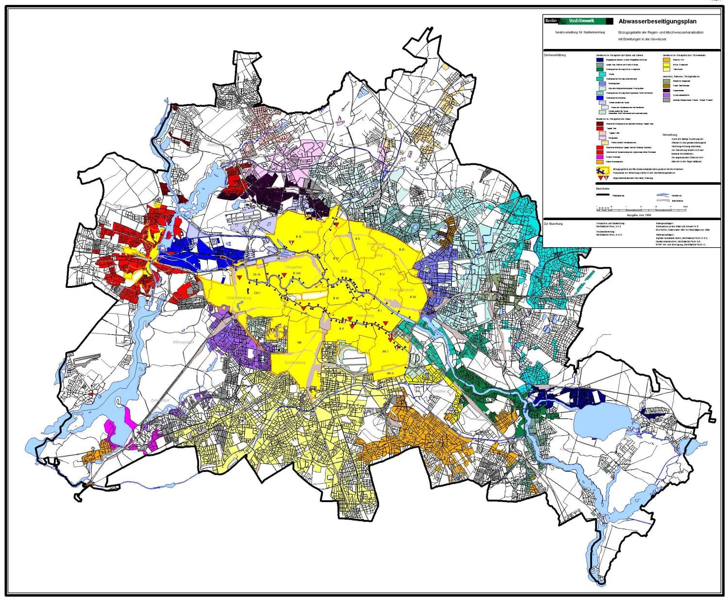 Einzugsbereiche der Regen- u. Mischwasserkanalisation mit Einleitungen in die Gewässer (Bild: SenMVKU)
