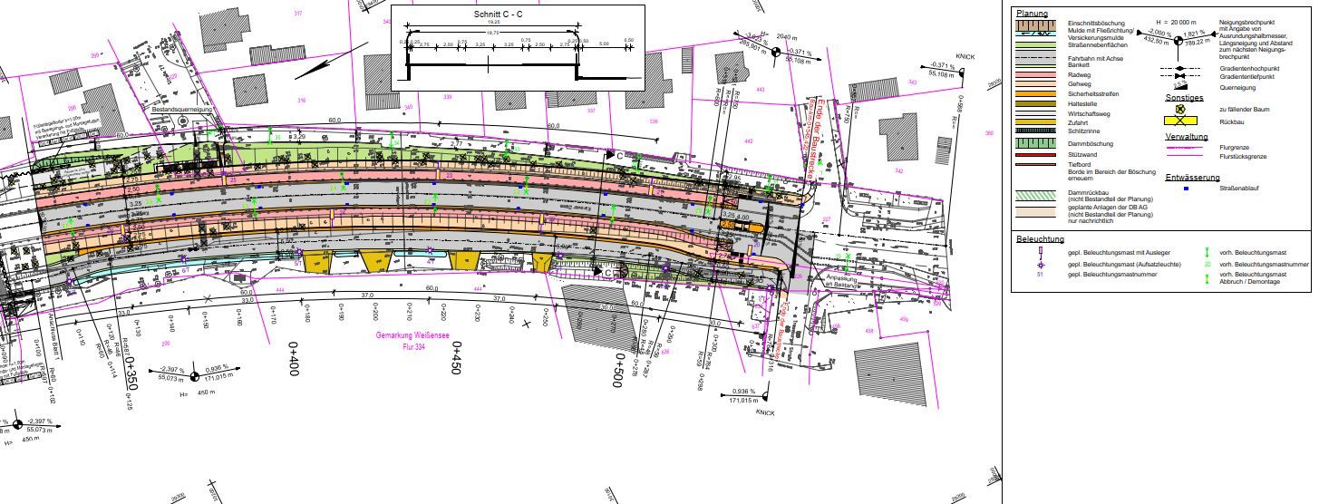 Erneuerung Verkehrsanlage Blankenburger Chaussee Karower Damm – Lageplan Teil 2 südlicher Bereich (Auszug Entwurfsplanung) (Bild: SenMVKU / IB Grassl, VIC)