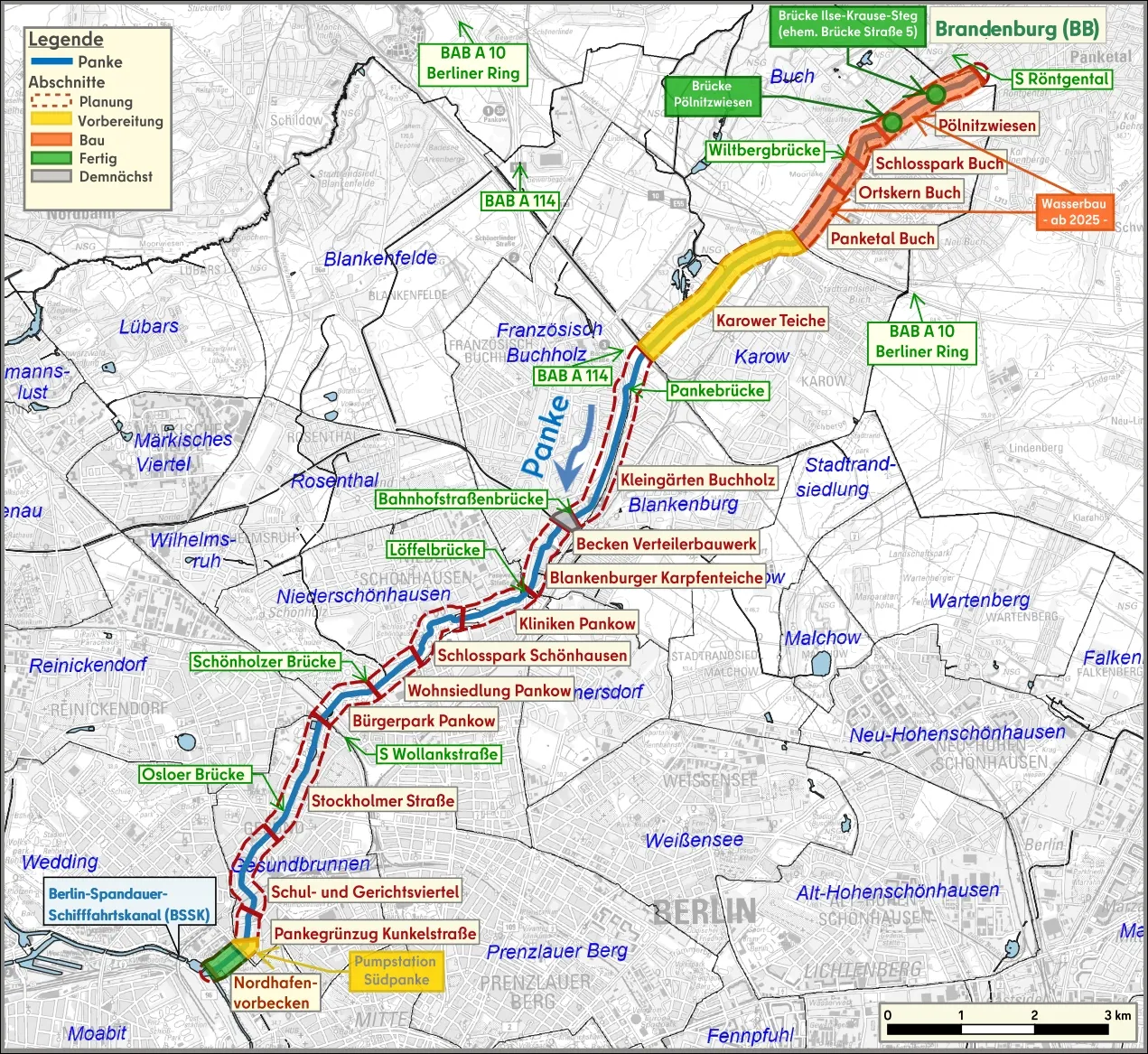 Übersicht der Planungsabschnitte (Bild: SenMVKU / Karte: Geoportal Berlin (DTK50, Graustufen und Ortsteile))