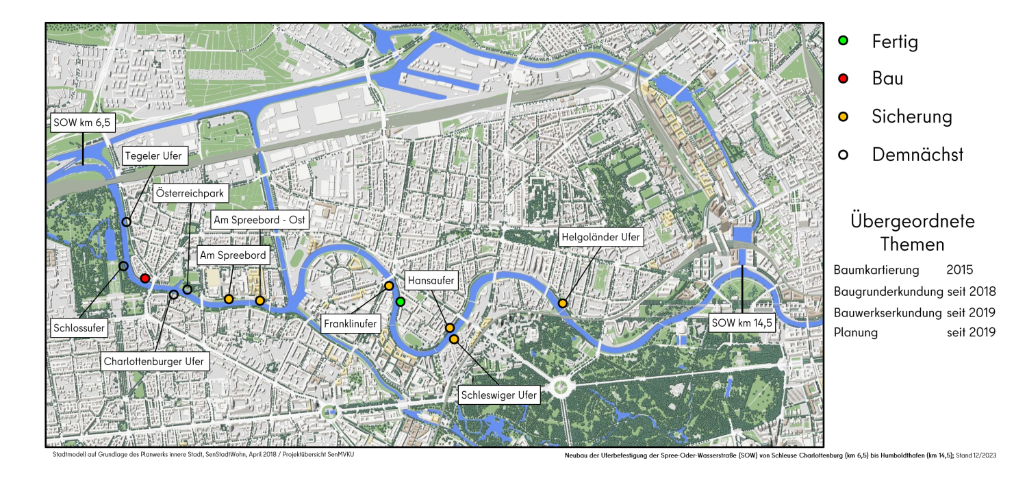 Neubau der Uferbefestigung der Spree-Oder-Wasserstraße; Stand der Arbeiten: Dezember 2023 (Bild: SenMVKU / Kartengrundlage SenStadt)