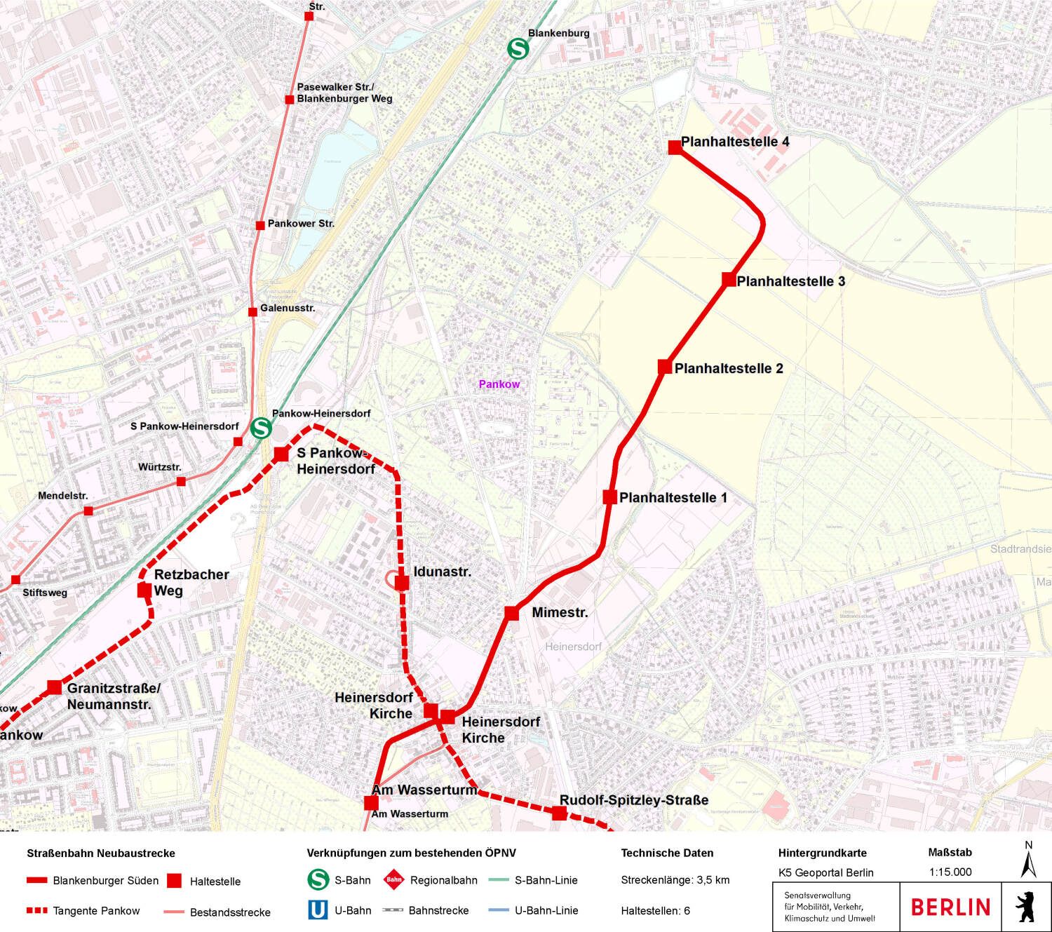 Streckenführung Straßenbahnneubaustrecke Blankenburger Süden, Juni 2025 (Bild: SenMVKU)