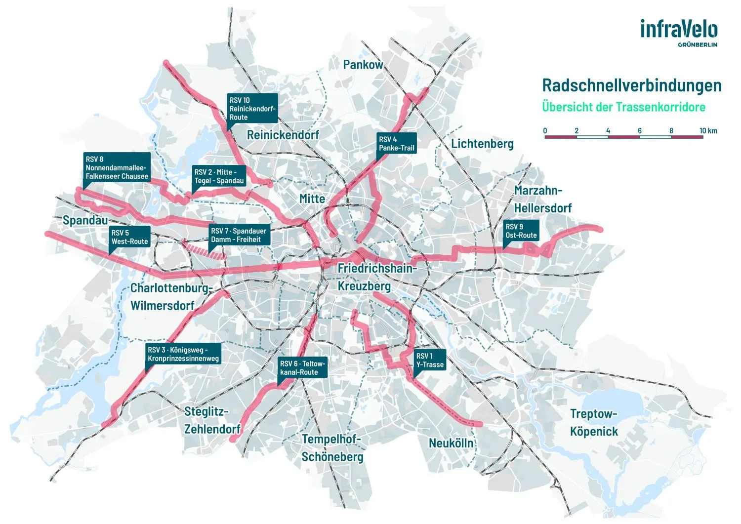 Plan zu Korridoren der Radschnellverbindungen; Stand: 2022 (Bild: infraVelo / GrünBerlin)
