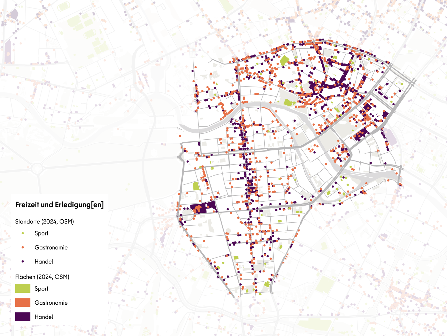 Übersicht zu Zielorten in der Berliner Mitte im Bereich Handel, Sport und Gastronomie (Bild: Büro Happold, Kartengrundlage: OpenStreetMap)