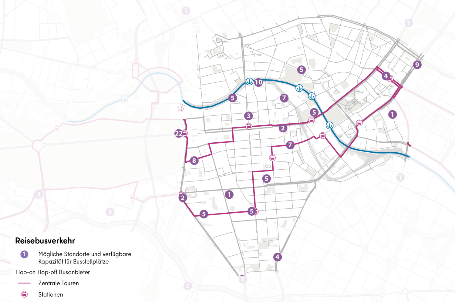 Zentrale Reisebusrouten sowie mögliche Standorte für neue Stellplätze in der Berliner Mitte (Bild: Buro Happold)