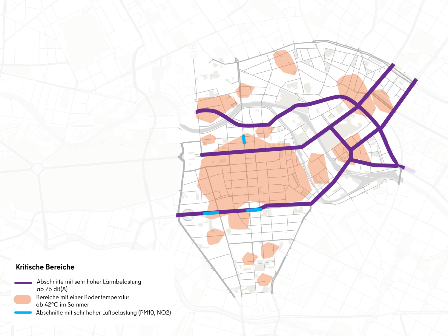 Überlagerung mehrfachbelasteter Bereiche durch Lärm, Luft, und Hitze (Bild: Büro Happold, Kartengrundlage: OpenStreetMap)