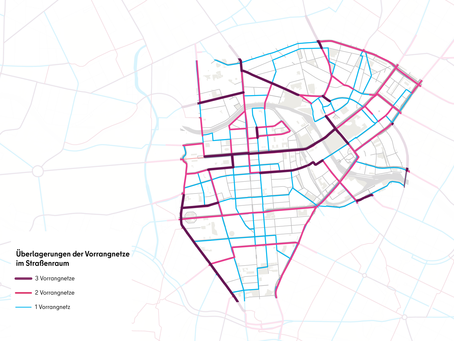 Überlagerung der Vorrangnetze von Rad-ÖV und Kfz (Bild: Büro Happold, Kartengrundlage: OpenStreetMap)